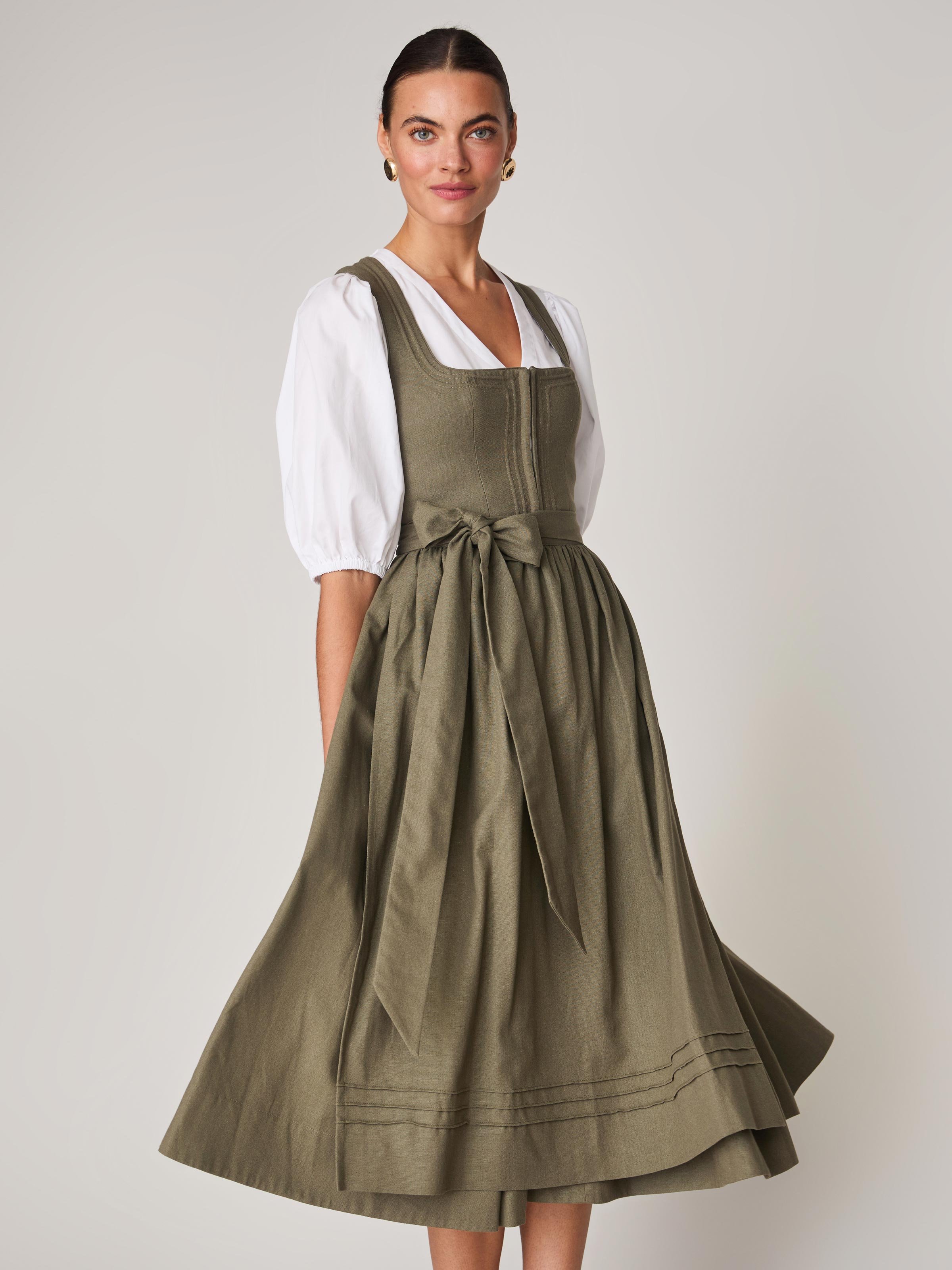 Khakigrünes Leinen-Dirndl mit Schnursteppung