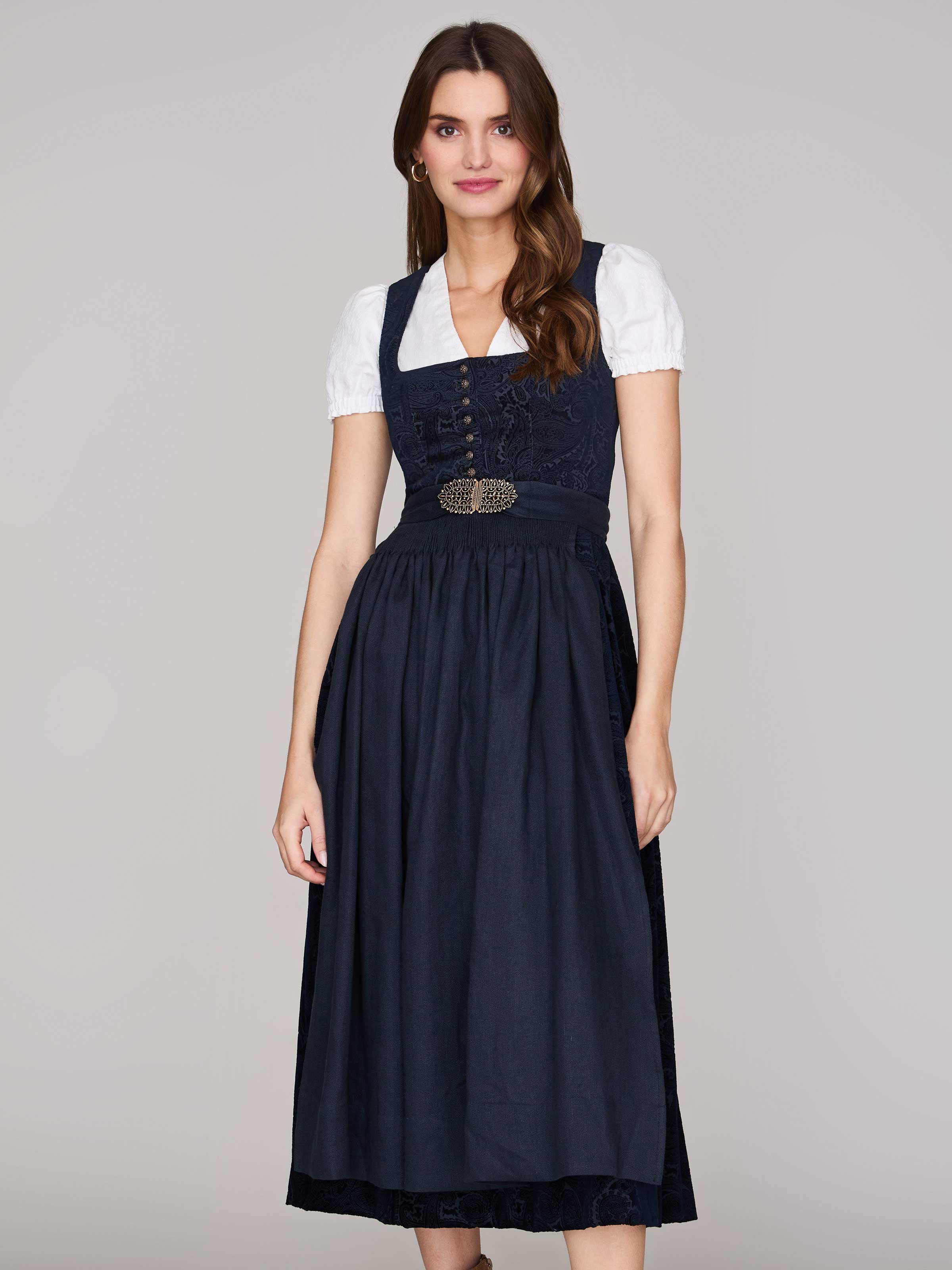 Limberry Nachtblaues Dirndl aus gemustertem Samt - MONIKA NACHTBLAU